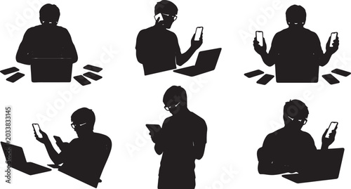 Foto Black Solid Remote Software Tester Smartphone Laptop Silhouettes Set of Six on W