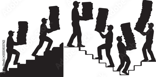 Photos Black Solid Pizza Box Stack Ascending Walking Silhouettes Set of Six on White Ba