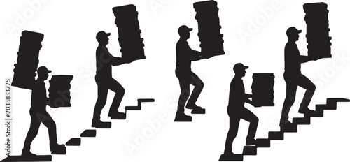 Bild auf Leinwand Black Solid Pizza Box Stack Ascending Walking Silhouettes Set of Six on White Ba