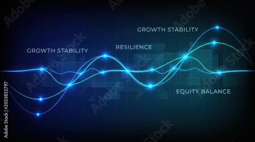 A digital graph illustrating concepts like growth stability, resilience, and equity balance, represented through dynamic waveforms and blue light effects.