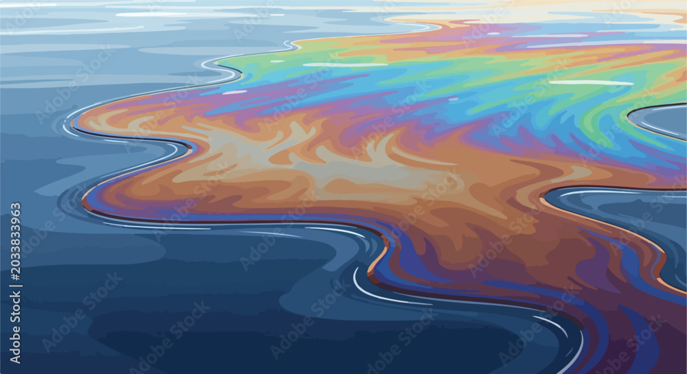 Obraz premium Abstract illustration of an oil slick with iridescent rainbow colors swirling on dark water