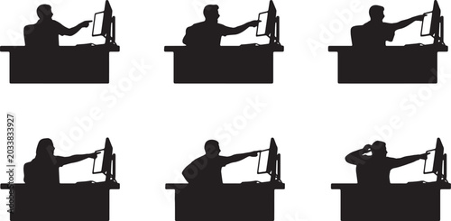 Foto Black Solid Reaction Video Dual Monitor Silhouettes Set of Six on White Backgrou
