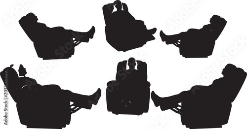 Tableau sur toile Black Solid Recliner Chair Sleeping Silhouettes Set of Six on White Background
