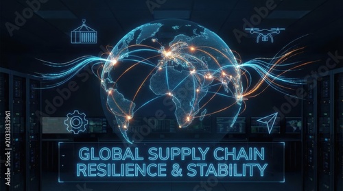 The image illustrates global supply chain resilience and stability, featuring a digital world map with interconnected data lines and icons representing logistics.