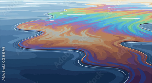 Abstract illustration of an oil slick with iridescent rainbow colors swirling on dark water