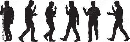 Schilderij op canvas Black Solid Pacing Author Smartphone Dictation Silhouettes Set of Six on White B