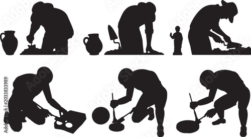 Photos Black Solid Robot Archaeologist Digging Dirt Silhouettes Set of Six on White Bac