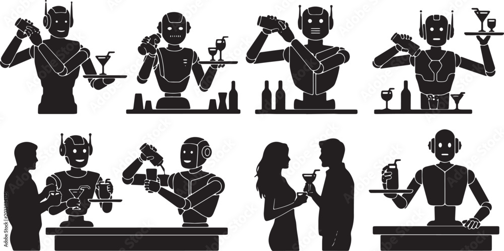 Fototapeta premium Black Solid Robot Bartender Serving Drink Silhouettes Set of Six on White Background