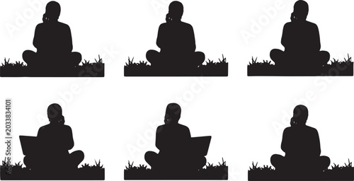 Tablou pe pânză Black Solid Park Laptop Phone Call Silhouettes Set of Six on White Background