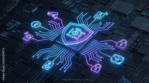 A vibrant digital circuit design featuring a shield symbolizing secure IoT connections, surrounded by icons representing various smart devices and cybersecurity.
