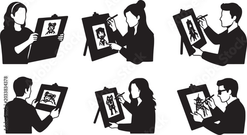 Canvas Print Black Solid Remote Customer Support Apologizing Silhouettes Set of Six on White