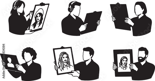 Canvas Print Black Solid Remote Customer Support Apologizing Silhouettes Set of Six on White