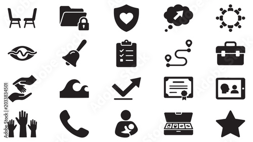 Employee support and workplace wellness solid icon set with privacy safety checklist career growth teamwork and recognition symbols