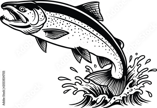 Salmon jumping out of water in dynamic black and white illustration