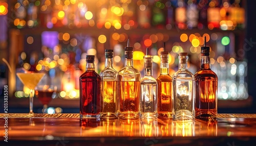 A variety of liquor bottles on a bar counter with colorful bokeh lights, capturing the essence of nightlife and celebration.