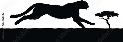 Photography Running cheetah silhouette in the African savanna with an acacia tree, black and