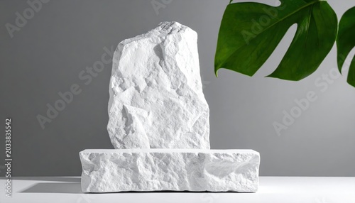 A minimalist composition featuring a white stone sculpture and a green leaf against a gray background, showcasing modern art.