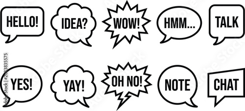 Tableau sur toile Ten black and white speech bubbles with common expressions