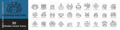 Modern business meeting outline icon set featuring teamwork, online conference, strategy planning, presentation, collaboration, webinar, office discussion, and corporate communication concepts.