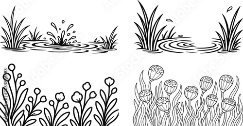 Botanical illustration set pond grass wildflowers and toadstools