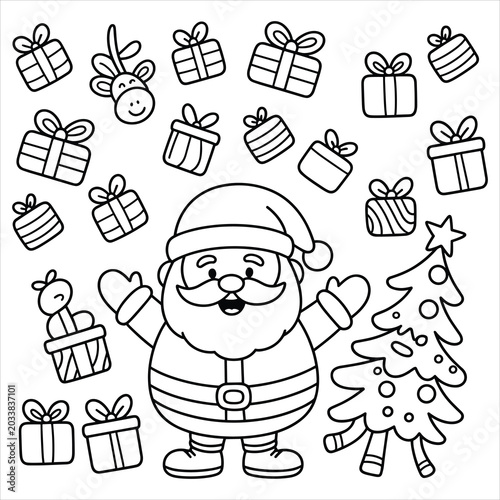 Santa claus with christmas tree and floating gift boxes coloring page