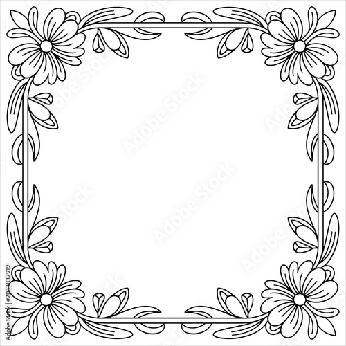 Square floral border frame with daisy flowers and leaves, line