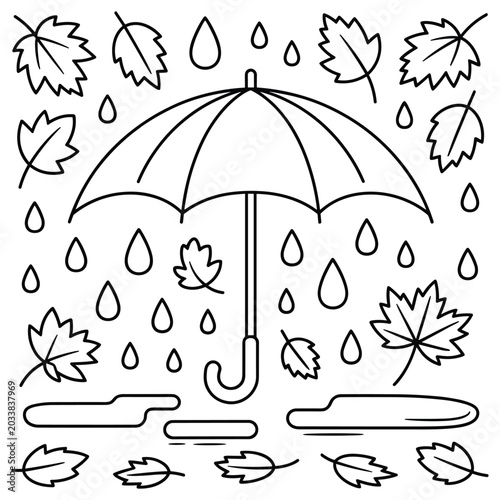 Umbrella with falling raindrops and autumn leaves, black and white line