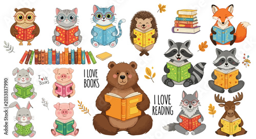 Canvas Print Cute forest animals reading books, love reading stickers, educational concept