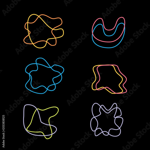 Set of Hand Drawn Abstract Neon Blob Wavy Lines Glow in The Dark Elements Collection