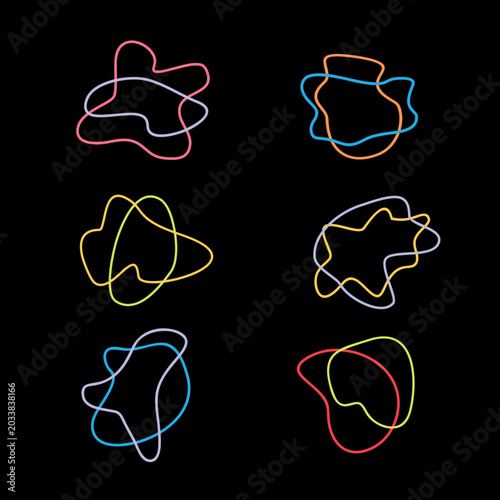 Set of Hand Drawn Abstract Neon Blob Wavy Lines Glow in The Dark Elements Collection