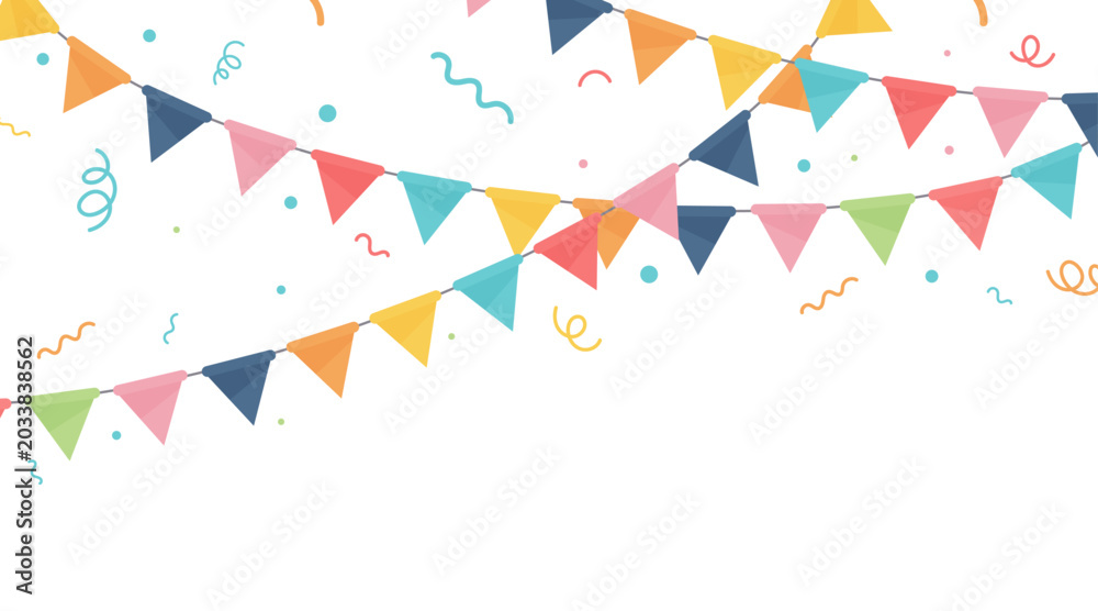 Fototapeta premium Fond festif avec guirlandes de fanions colorés croisés et confettis, idéal pour anniversaire, fête, affiche, bannière ou communication événementielle. Design moderne et vitaminé, univers enfantin