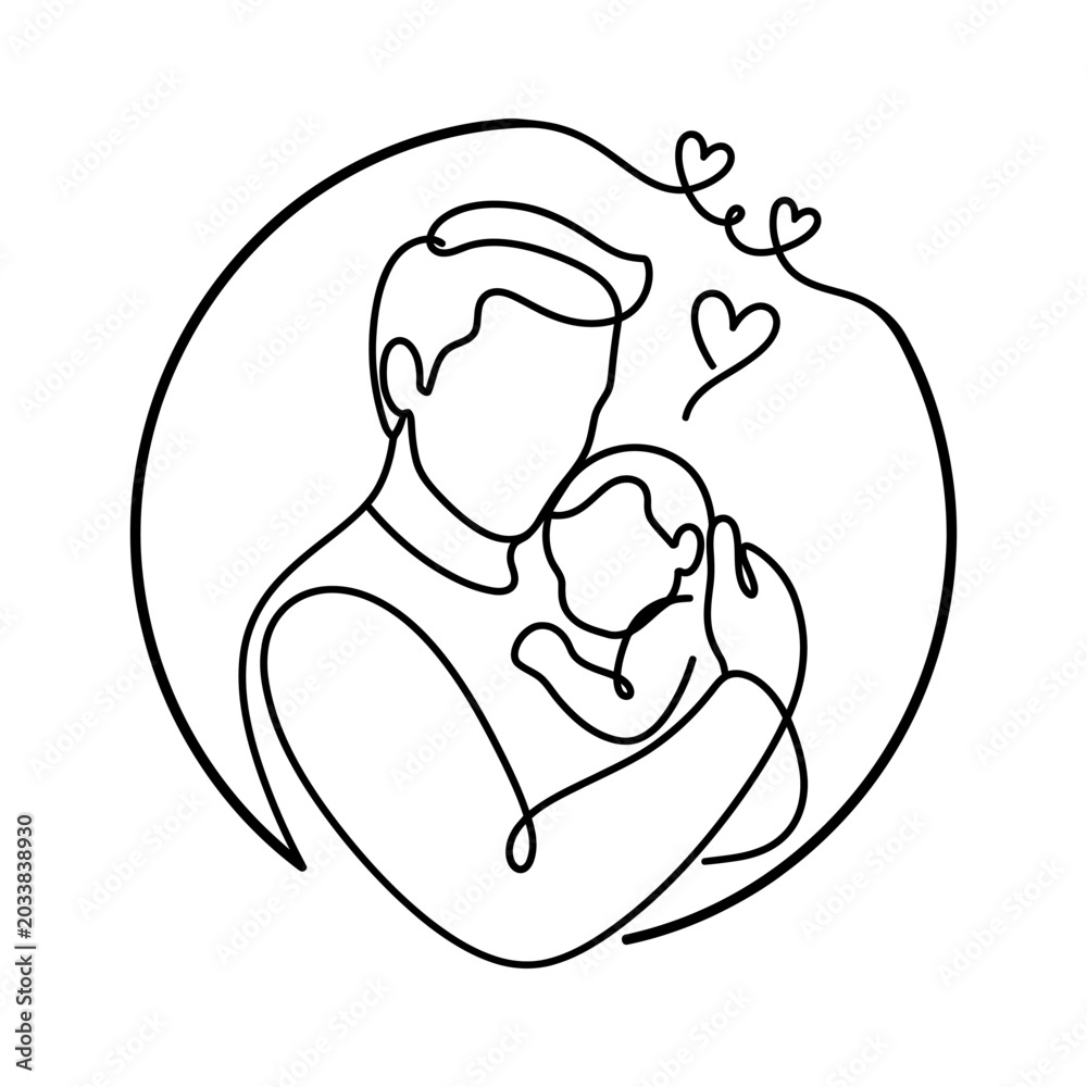 Fototapeta premium Line art illustration of a father holding his baby inside a circular frame with hearts
