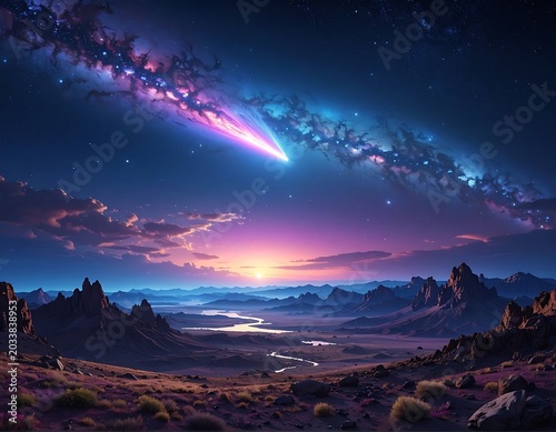 A vibrant, cosmic landscape with a shooting star streaking across the sky