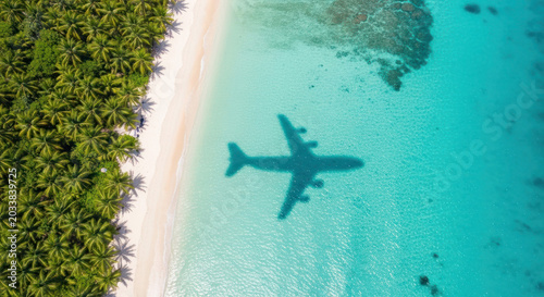 Aerial view of airplane casting shadow over turquoise water and sandy beach lined with lush palm trees in tropical paradise