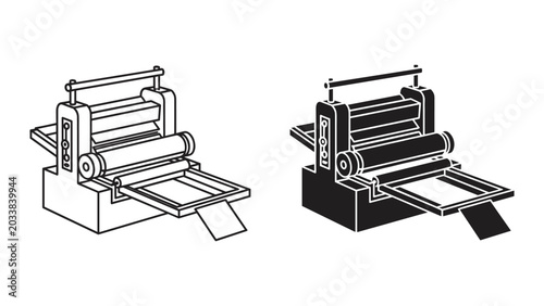 Tableau sur toile Two variations of a sheet fed printing press machine in black and white line art