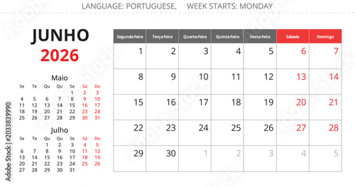 2026 Portuguese June monthly calendar planner page – Junho. Vector illustration Portugal