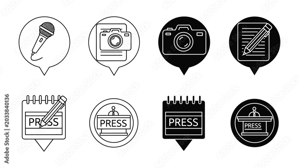 Fototapeta premium Set of press and media icons including microphone, camera, notebook, and more on white background