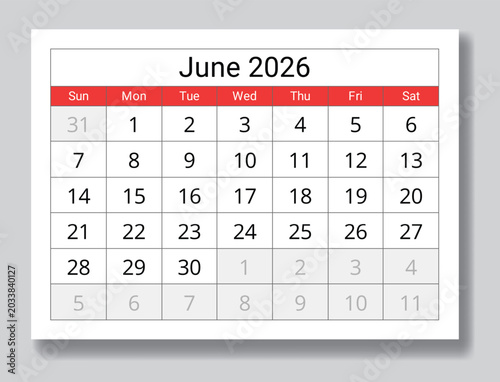 2026 June calendar. English monthly planner layout vector Sunday start