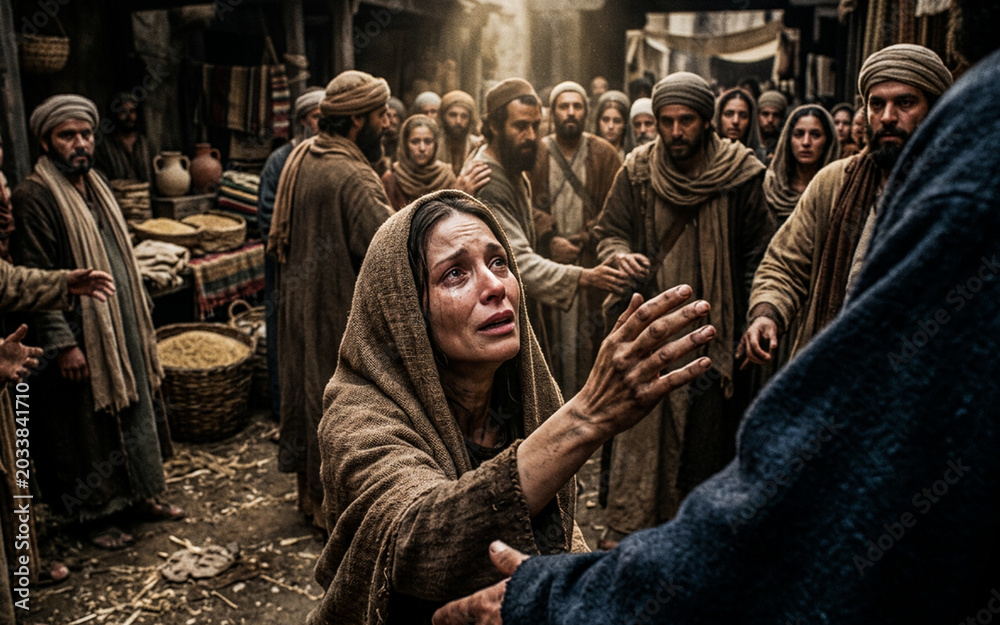 Fototapeta premium Jesus Showing Compassion to a Begging Woman