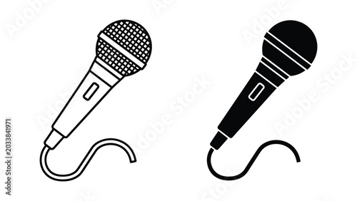 Tableau sur toile Two black and white microphones with cords on a white background