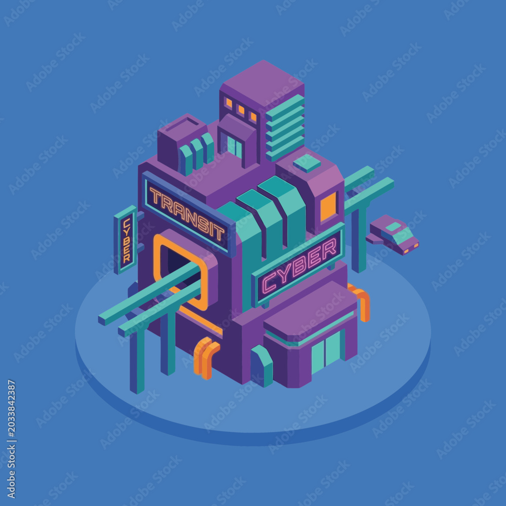 Obraz premium Isometric illustration of a futuristic cyber transit hub building with elevated tracks and a vehicle, rendered in purple, teal, and orange on a blue background.