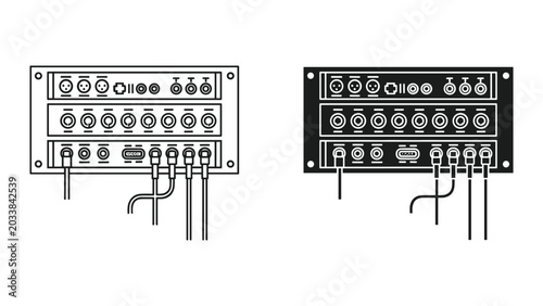Photos Audio equipment setup with multiple panels and cables connected to various ports