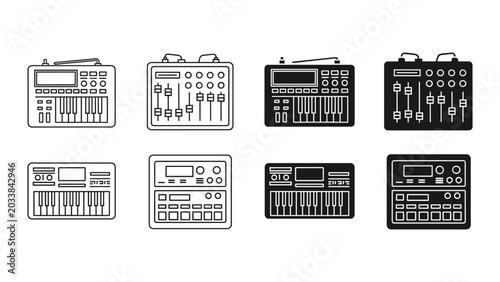 Foto Collection of various electronic music equipment and synthesizer icons in differ