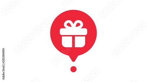 Red location pin icon containing white gift box graphic isolated on plain white background