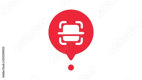 static motion graphic of red location pin icon with white face recognition symbol on white