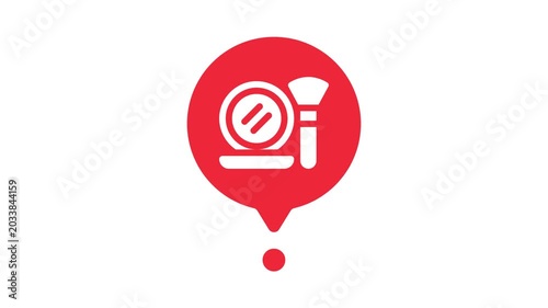 static close up of red location pin icon containing white makeup compact and brush symbols