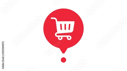 white shopping cart icon inside red location pin on white background minimalist graphic illustration