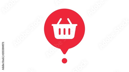 static shot of white shopping basket icon inside red location marker pin against white background
