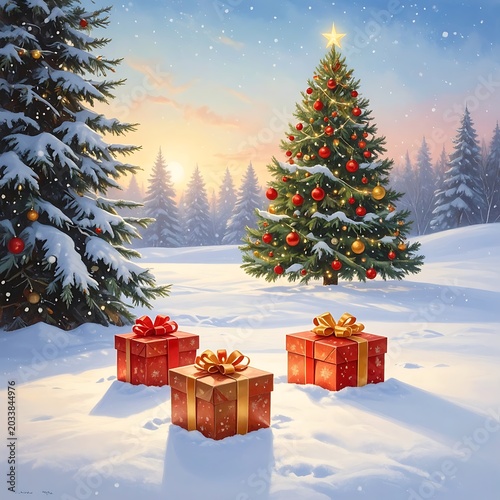 Snowy scene with Christmas tree and gifts