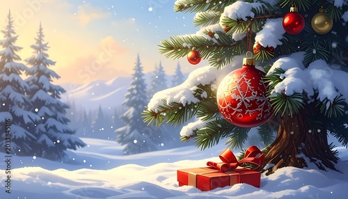 Snowy winter scene with decorated tree and gift